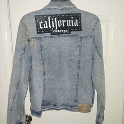 
Joe's Jeans Stone Washed  Denim Skater Biker Jacket  California Chapter Patch XL.