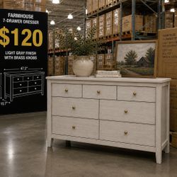 7 Drawer Dresser for Bedroom, 47" Farmhouse Wood Chest of Drawers with Accent Beveled Panels