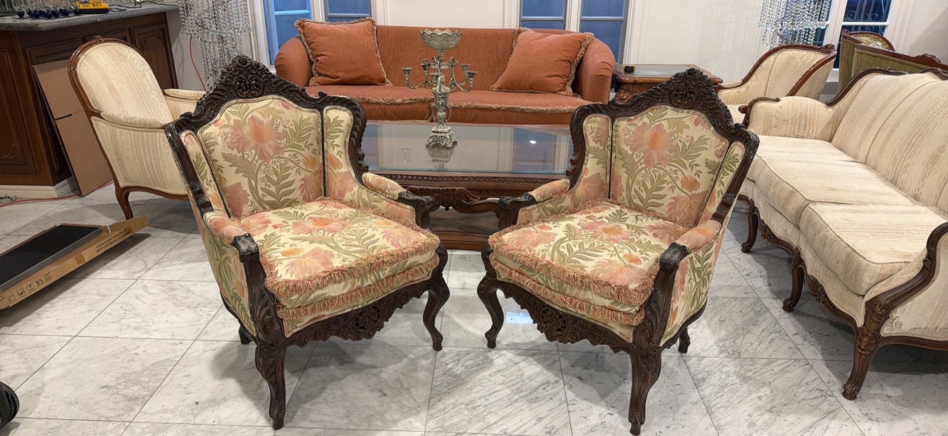 Pair Of Floral Armchairs Louis Xv Style 