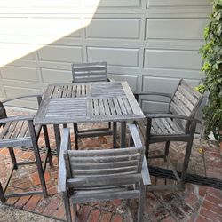 PATIO TABLE - TALL TEAK WOOD BAR TABLE WITH 4 CHAIRS
