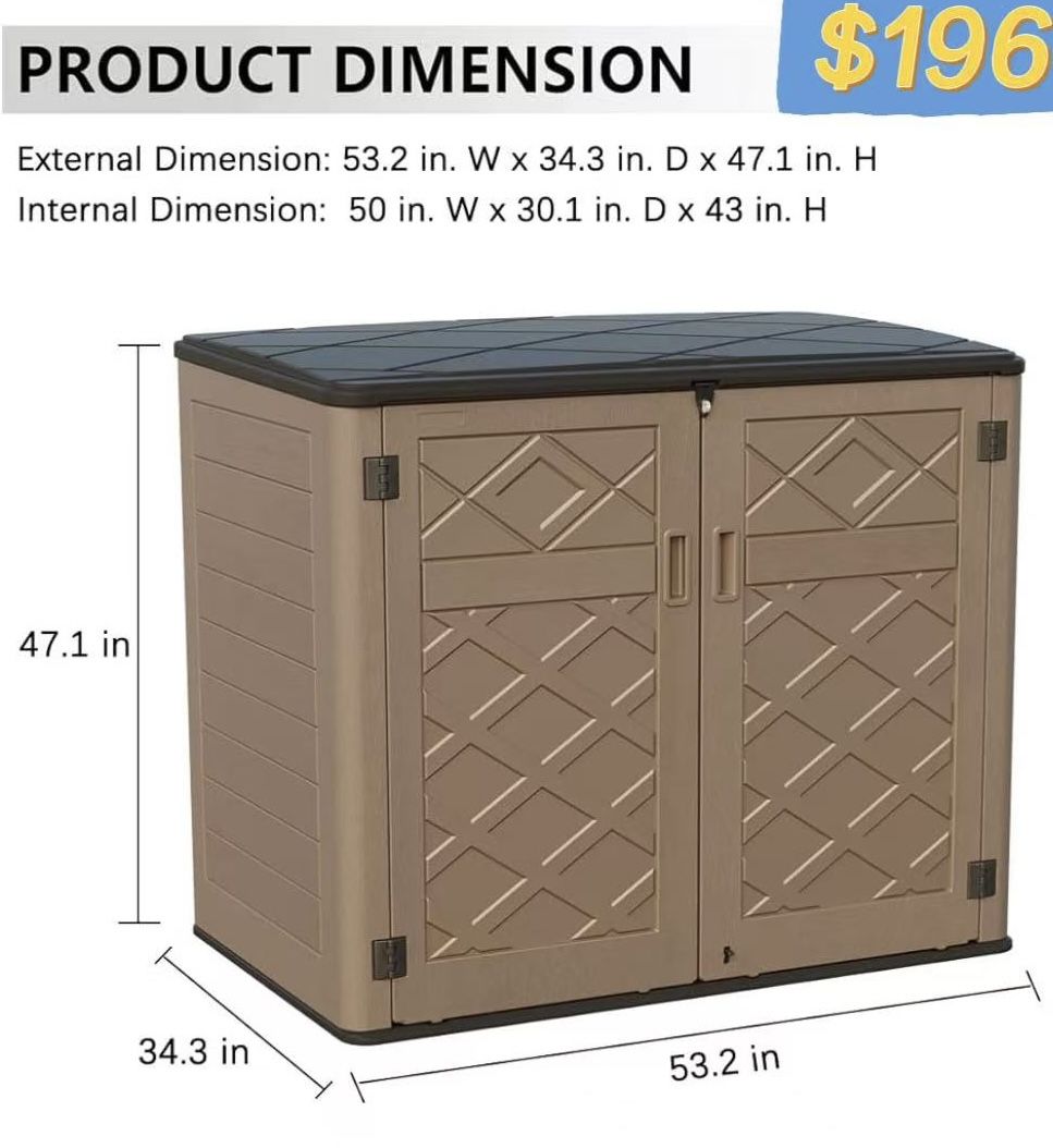 😀 Larger Outdoor Storage Shed Weather Resistance, Resin Sheds & Outdoor Storage for Garden, Patios, Backyards, 48 Cu.Ft Tool Shed for Garbage Cans,