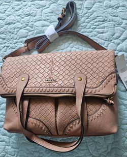 Rosetti Piper convertible fold-over crossbody bag features a woven taupe faux-leather exterior and a $69 retail tag.