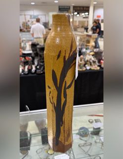 Mid century  Pottery Studio Art Vase Floral Stoneware Speckled Handmade 16in signed