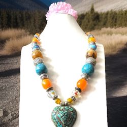 Vintage Ethnic Tribal Theme Heart Shape Inlay Turquoise Pendant Necklace 22”inch