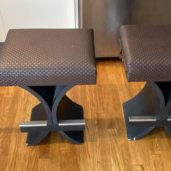 2 barstools with pull out shelves… No rips, or tears in the cushion 23”H x 17”W x 14”D 