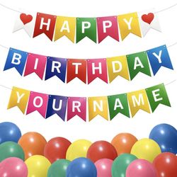 Happy Birthday Banner, Personalized Name Happy Birthday Decorations Rainbow Colorful with 2 Sets A-Z Letters Multi Occasion Bunting Sign Confetti Ball