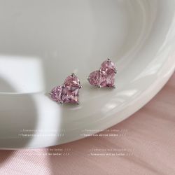 "Korean K-style Pink Bow Zircon Heart Earrings – Chic Silver Studs"