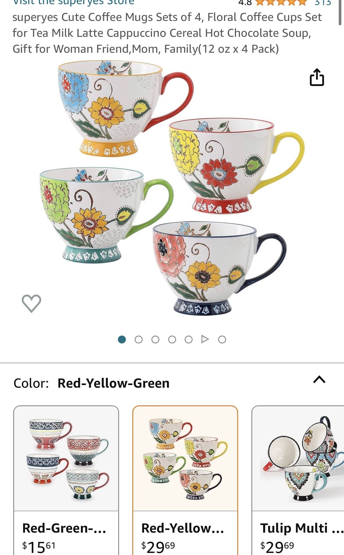 Cute Coffee Mugs Sets of 4, Floral Coffee Cups Set 