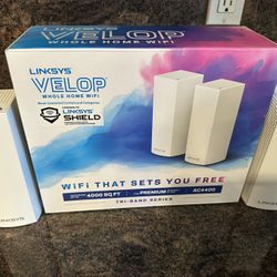 Linksys Velop AC4400 Tri-Band Whole Home Mesh Wi-Fi System. The system provides Wi-Fi coverage up to 4,000 sq. ft. 