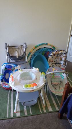 Baby jumper, bed nest, high chair, floaty, tub, and more