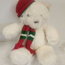 Vintage Good Heavy Plush White Christmas Holiday Bear Winter Hat & Scarf 21" Made in Korea, Frederick, NICE Condition
