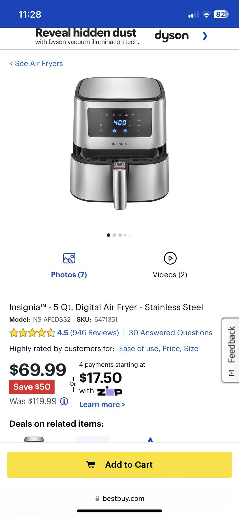 Insignia 5 Qt. Digital Air Fryer Stainless Steel for Sale in