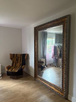Restoration Hardware Large Ornate Floor Mirror – Antique Gold / Warm Wood Finish