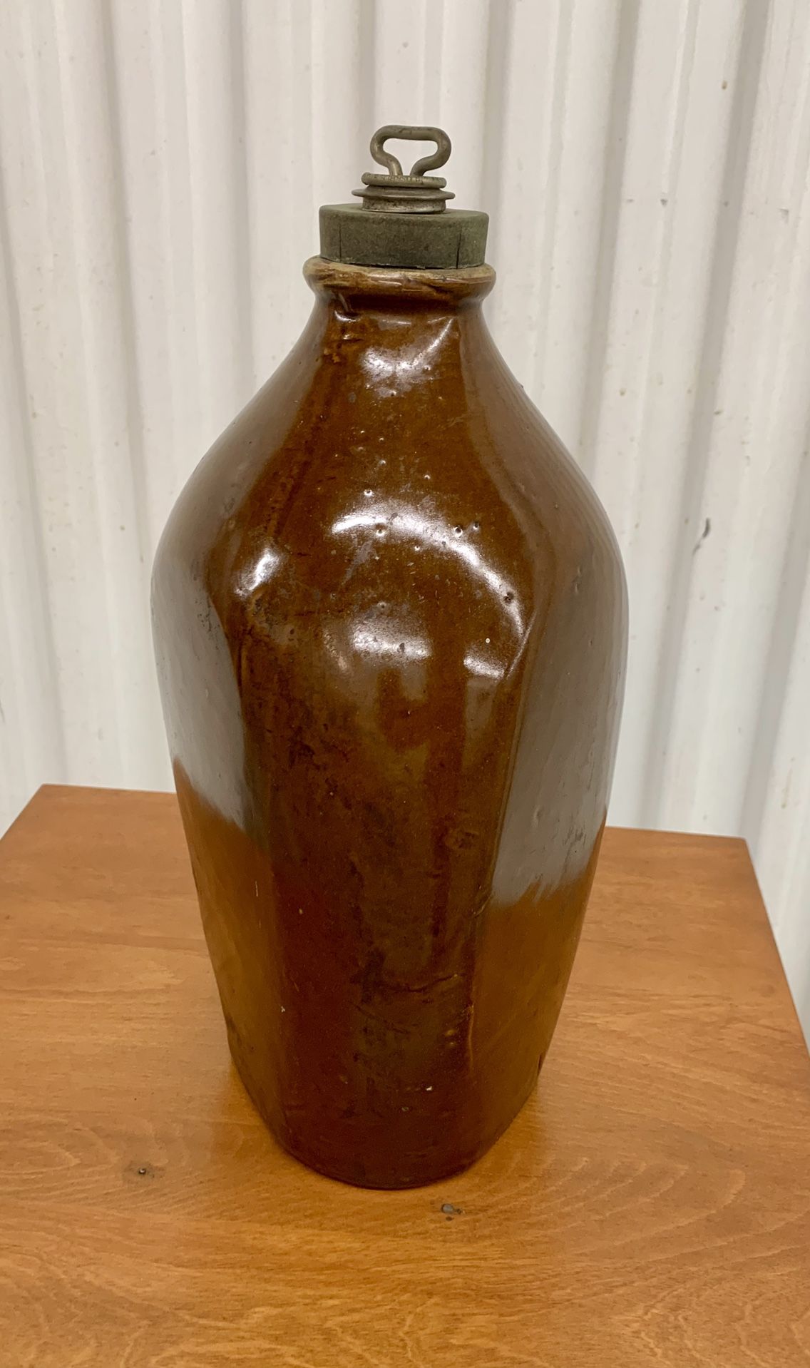 Antique 1900’s Primitive Brown Glazed Stoneware hot water jug by Schrader pottery made in USA