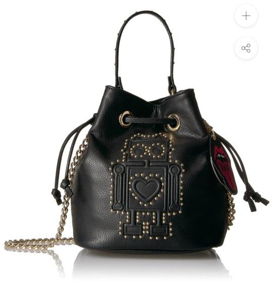 New Betsey Johnson Kiss and Tell Studded Robot Deboss Crossbody Mini Bucket Bag