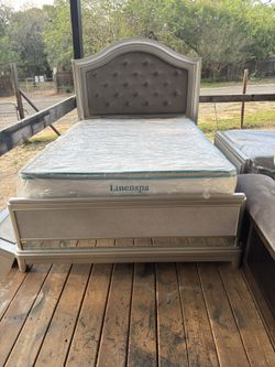 Silver Full Size Bed Frame With Dresser Mattress, And Boxspring