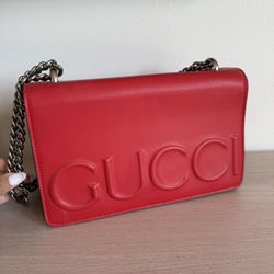 Gucci Red Embossed Logo Leather Shoulder Bag – $699