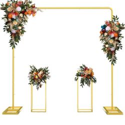 Wedding Arch Backdrop Stand, 7.2FT x 7.2FT Wedding Arches for Ceremony, Gold Balloon Arch Stand with Flower Stand for Wedding, Birthday, Baby Shower, 