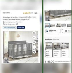 NEW OXFORD BABY HARPER 4 in 1 CONVERTIBLE WOODEN CRIB BED DOVE GRAY