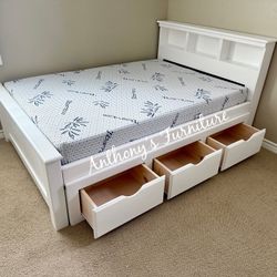 White Full Bed With Drawers And Memory Foam Mattress 