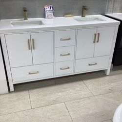 65” Bathroom Vanity Cabinet New Solid Wood Fully Assembled Softclose Drawers Doors Quartz Top 2 Sinks Attached.