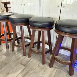 Set Of 4 Leather/wood/brass Stools 