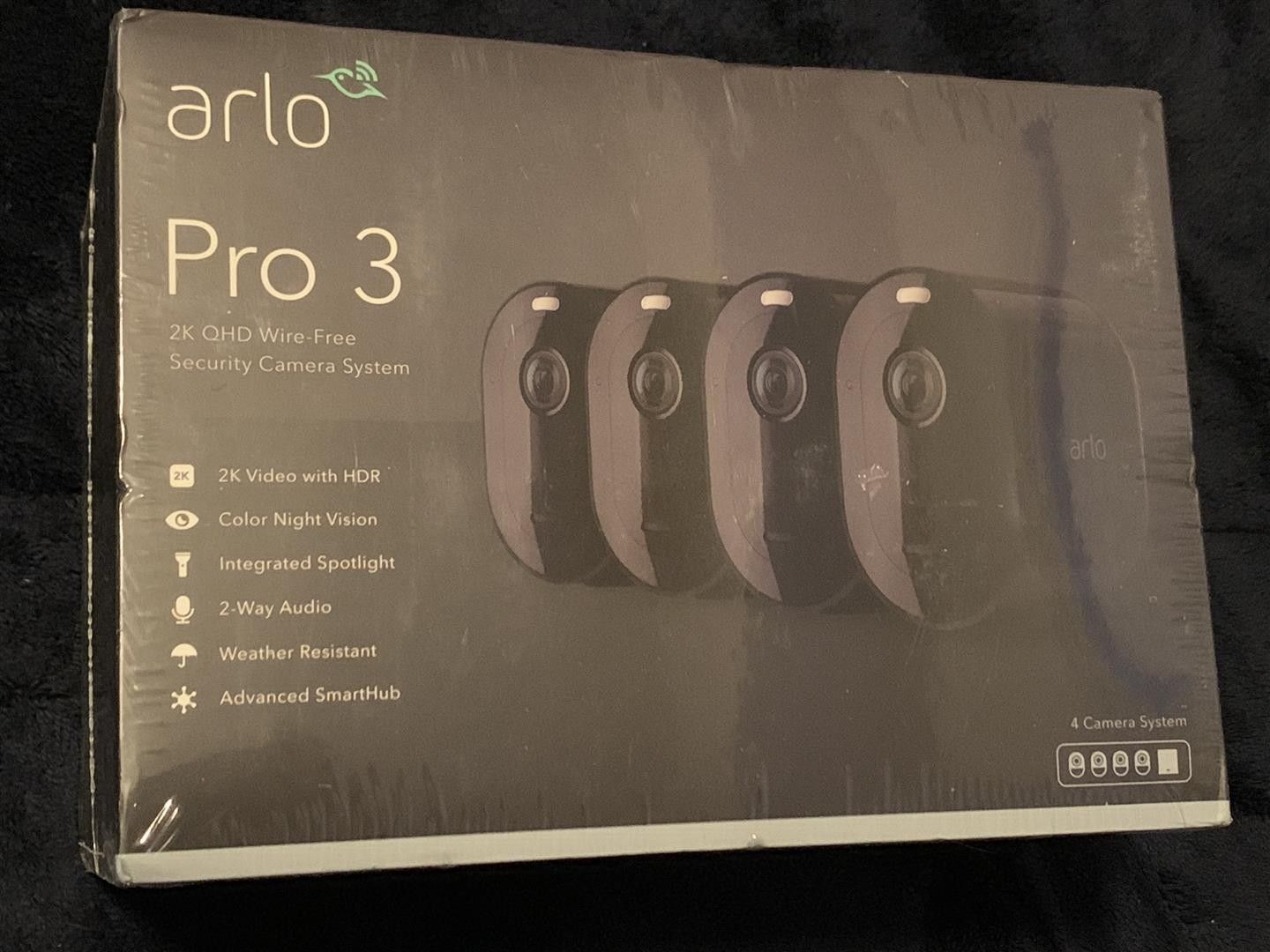 Arlo - Pro 3 4-Camera Indoor/Outdoor Wire-Free 2K HDR Security Camera System - Black NEW