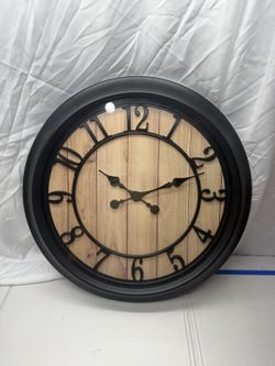 Round Wall Clock Black Frame Wood Grain Roman Numerals Analog G