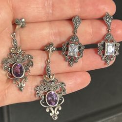 Vintage Sterling Silver Amethyst Marcassites Earrings Natural Gemstones Citrine Jewelry Antique Silver 925 