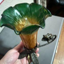 Jeweled Frog Sculptured Bronze Lamp Yellow Orange Green Flower Whimsical Beautiful lamp