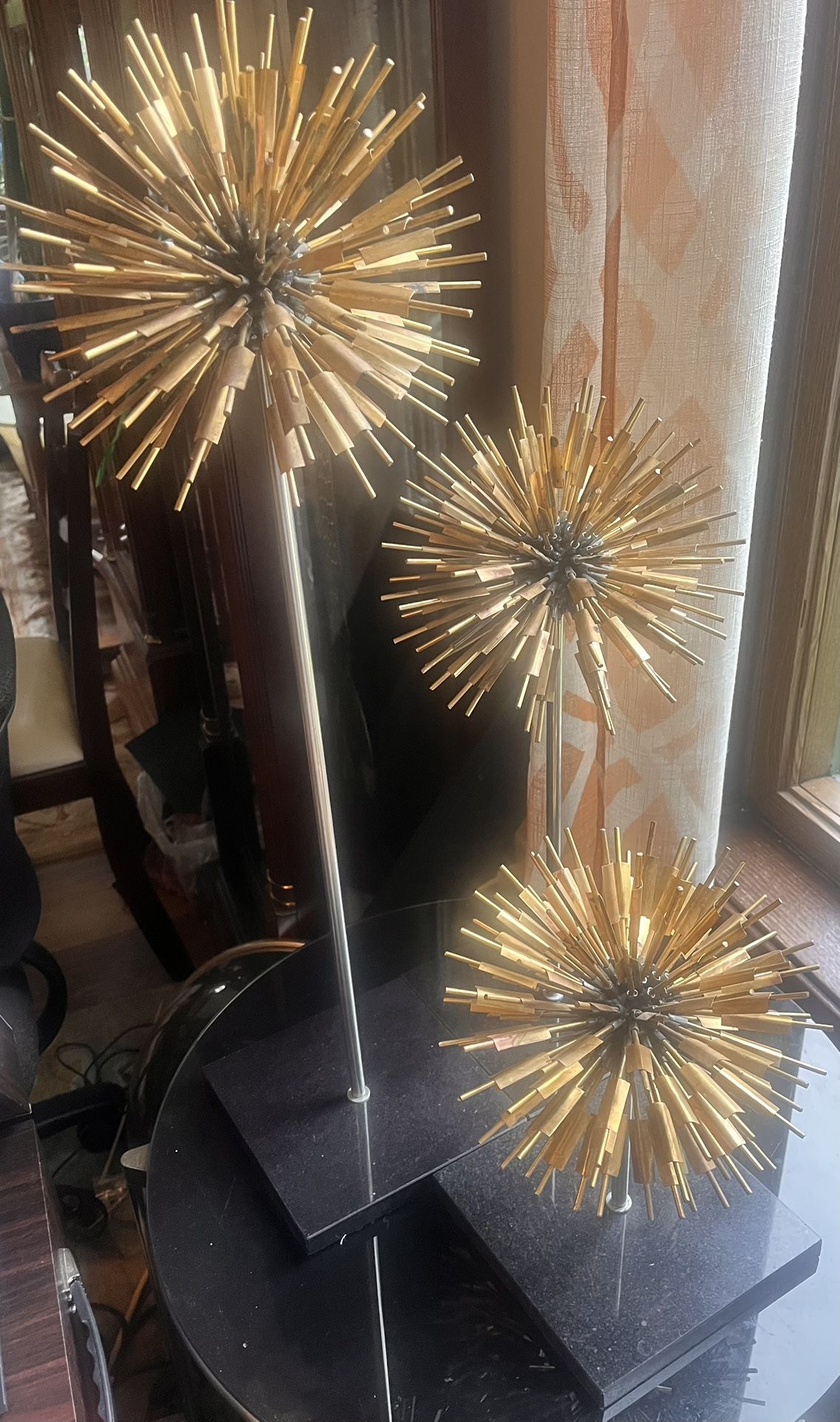 Global Views Set of 3 Gold Metal Atomic Starburst Boom on Stone Base - Art Deco Fixtures