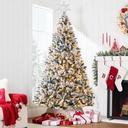 6ft Pre-Lit Holiday Christmas Pine Tree w/ Snow Flocked Branches, 250 Warm White Lights