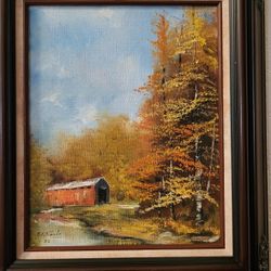 Untitled Oil Landscape With Red Covered Bridge