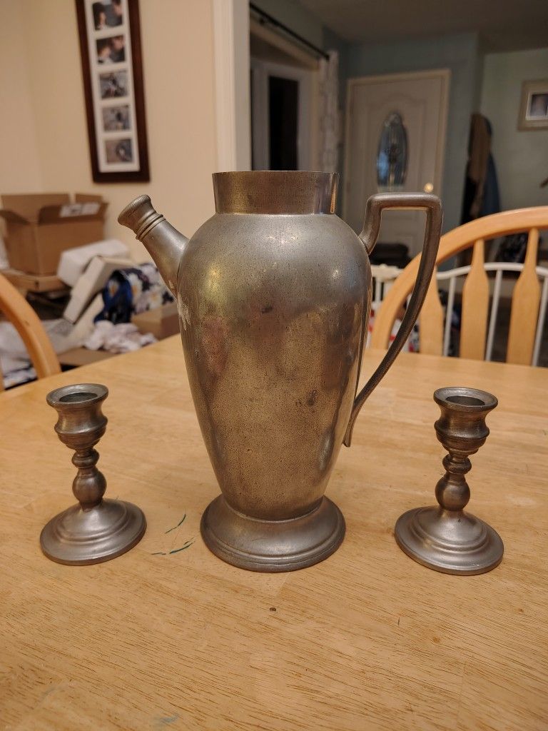 Pewter Pitcher/Flower Vase & 2 Pewter Candle Sticks