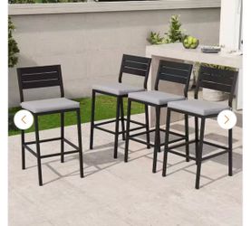 Metal Outdoor Bar Stools in Light Gray with Cushion (4-Pack)