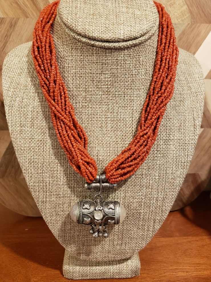 Exquisite Vintage Nepal Himalayan Coral Seed Bead Necklace with Pendant ~ Boho ~ Tribal Style
