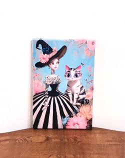 Whimsical Witch With Kitty Cat Wall Art 💫Like New