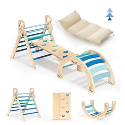 KIDS JUNGLE GYM: Like New BlueWood Pikler Triangle Set 8-in-1 Foldable Wooden Indoor JungleGym 4-Piece for Kids Ages 1-6