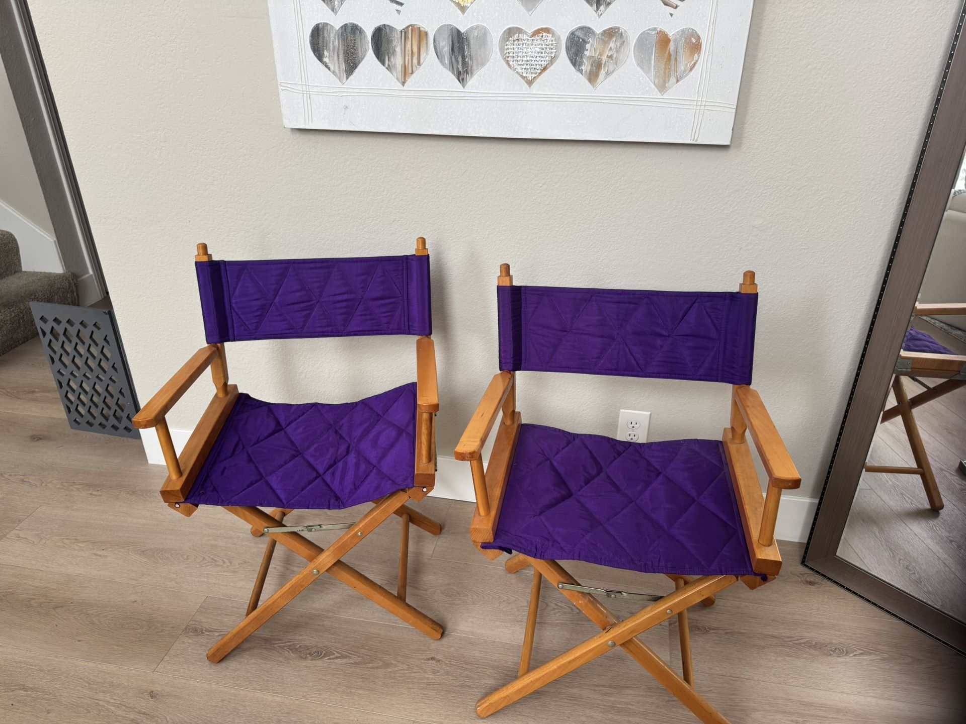 2 teak wood directors chair that close up. Beautiful purple, lavender, orchid. Great shape. Unique 