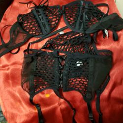 Seduction-Goth*Punk-Rare-Mesh/Fishnet-Tie-up 3 pc.Garter,Bra,G-String/xs-s/nwot