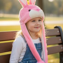 Pink Girl’s Plush Fuzzy Bunny Winter Hat with Pom Pom Tie