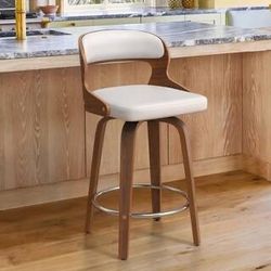 set of 1 Edwards 26 in.Modern White Faux Leather Swivel Bar Stool with Solid Walnut Wood Frame Bentwood Counter Stool