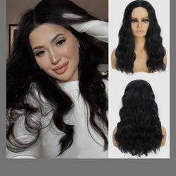 18 Inch Long Black Wig For Women | Middle Part Culy Wavy Wig | Heat Resistant & Natural Looking | Lightweight Synthetic Hair For Daily Use, Halloween,