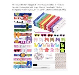 Brand new Cheer Spirit Colored Clips Set - Mini Duck with Glow in The Dark Wooden Clothes Pins with Bows, Charms Cheerleader Clip for Backpacks/Volley