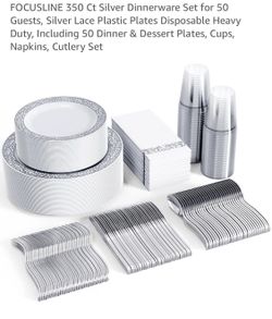 FOCUSLINE 350 Ct Silver Dinnerware Set for 50 Guests, Silver Lace Plastic Plates Disposable Heavy Duty, Including 50 Dinner & Dessert Plates, Cups, Na