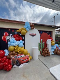 Cars balloons decorations , backdrops, party decorations.