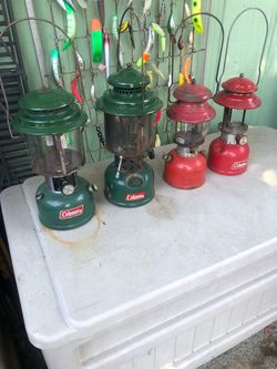 4 Coleman lanterns in decent condition. One Of the red ones does not have the glass for the mantle.  I want to sell them all as a group for $80.  I ta