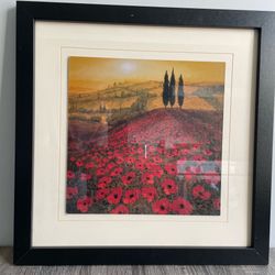 Rare vintage framed landscape print of "Tuscan Poppy Field" by Steve Thoms.