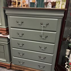 Newly Refinished Tall Green 5 Drawer Dresser 