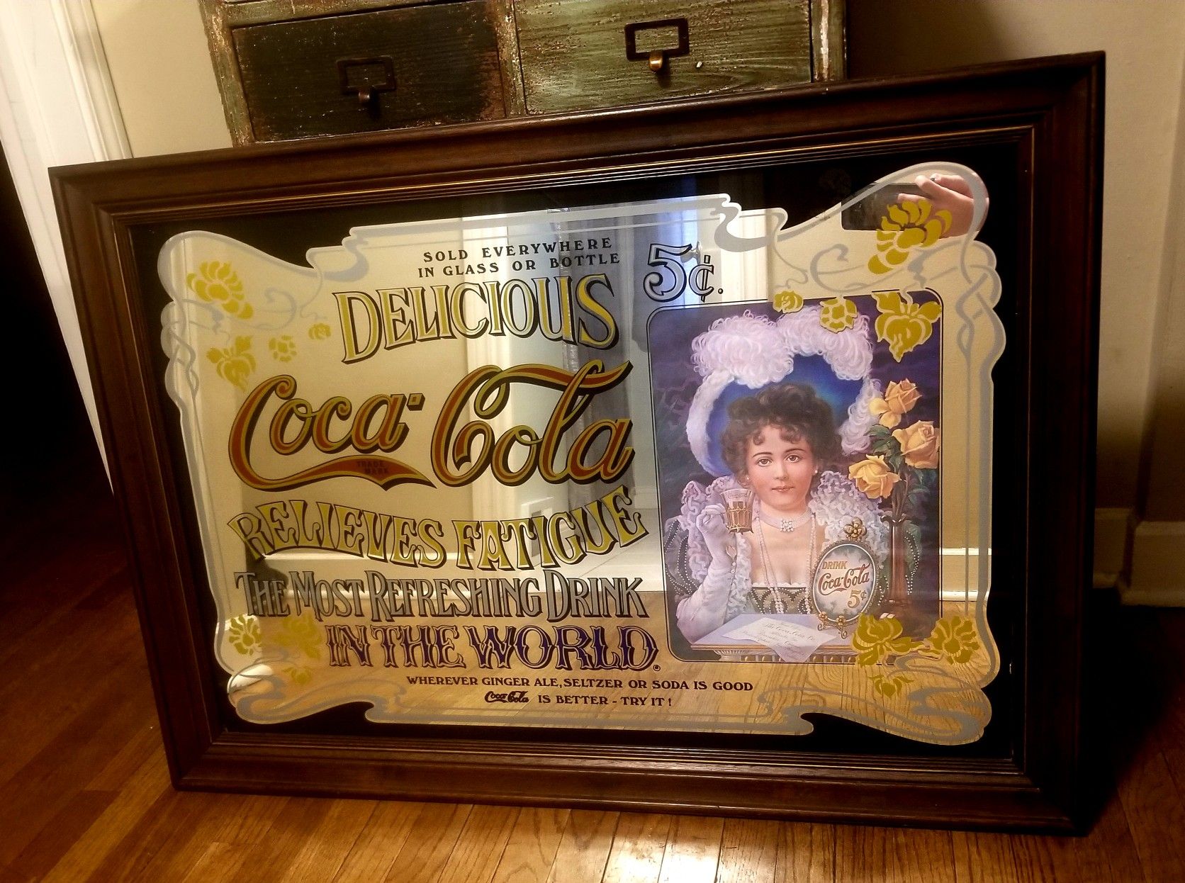Vintage Coca-Cola Advertising Mirror in Wood Frame